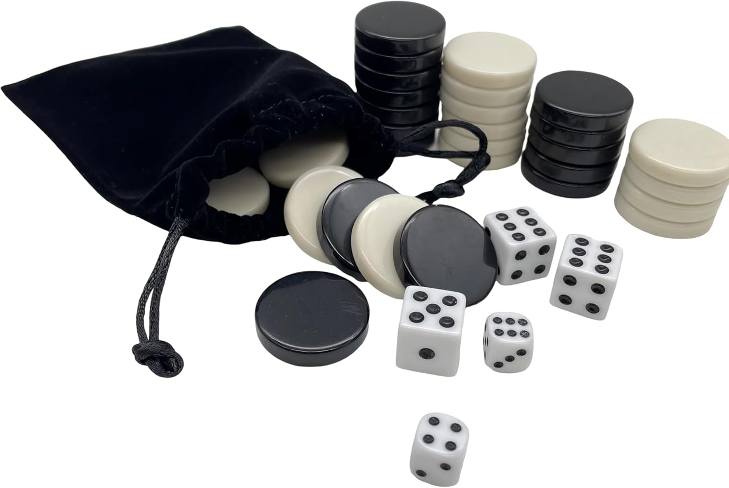 30 Pieces Backgammon Checkers Replacement Set Checker Board Games Playing Game Chips with 5 Dice Come with Drawstring Storage Pouch (Black&Ivory 1.06 inch)