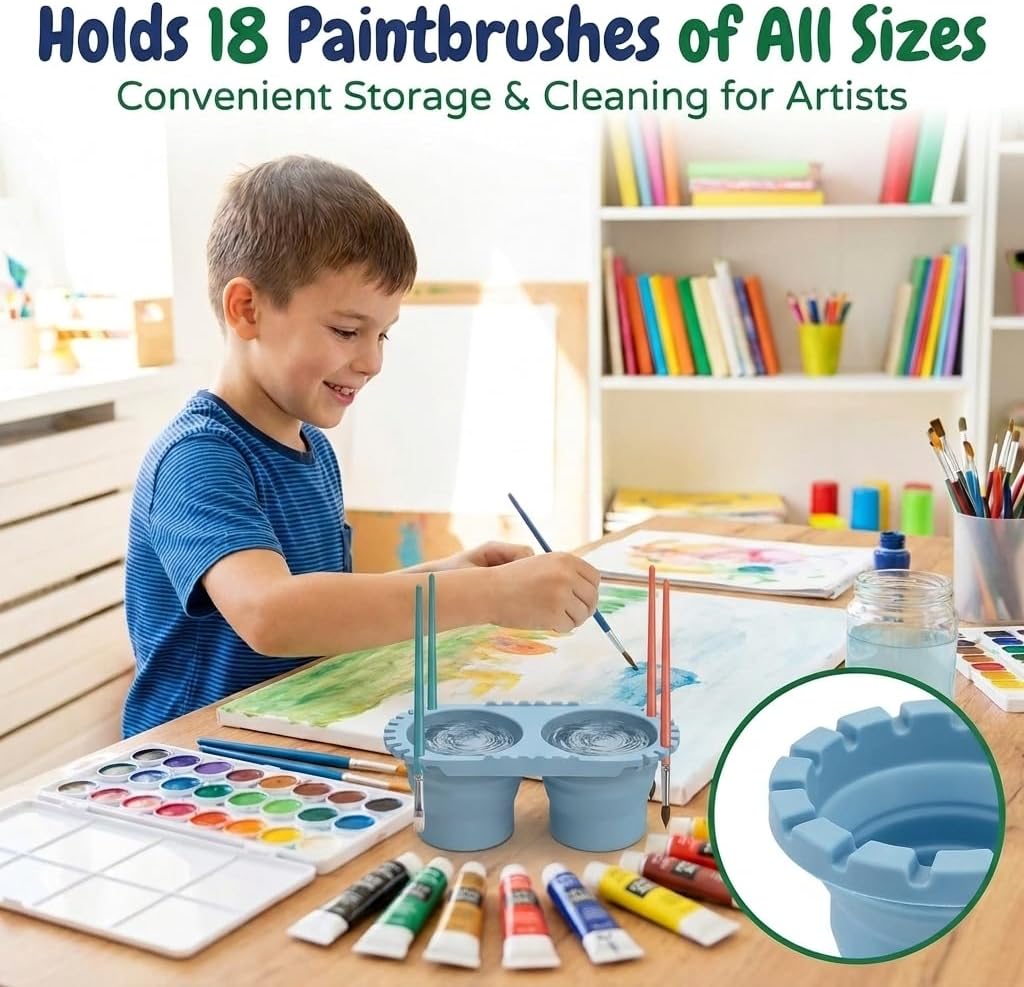 Paint Brush Cleaner Tool Cup, All-in-One Rinse Cup with Brush Holder, Multifunctional Foldable Non-Spill Paint Brush Cleaner for Acrylic & Watercolor