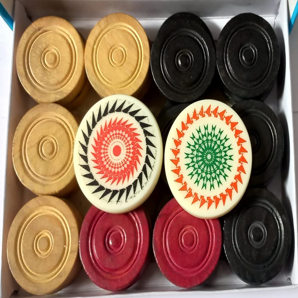 Dama in legno con monete impilabili Ridge Carrom Board e Striker Professional Solid Set (24 pezzi Carrom Board con copertura/custodia Striker + 2 Striker colore casuale