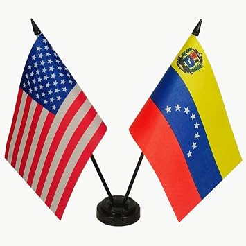 US & Venezuela Friendship Flag Display - Twin Desk Set-Miniature Desktop Flagt-Miniature US & Venezuela Desktop Flag