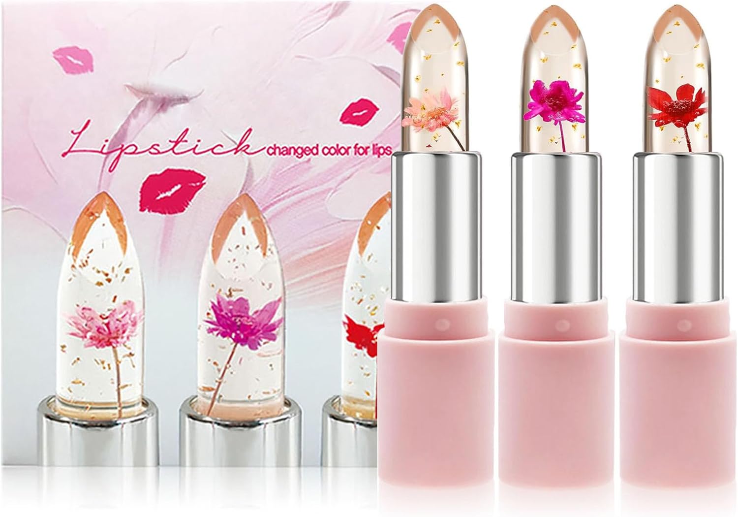 Clear Flower Jelly Lipstick, 3 Packs of Nutritious Moisturizer, Lip Balm, Temperature Change, Matt, Durable Lip Gloss (Pink-3)