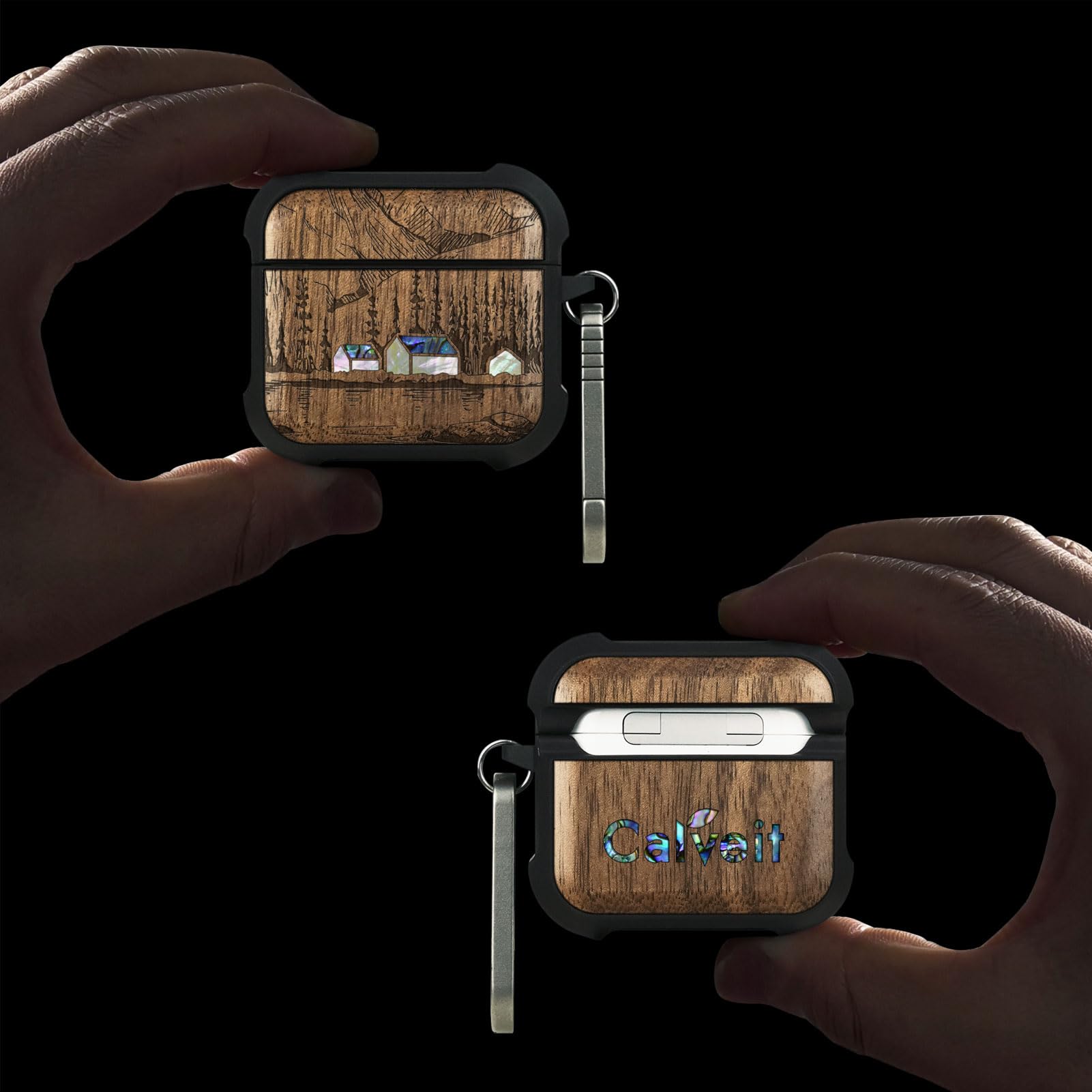 Carveit Odporne na uderzenia etui ochronne na słuchawki AirPods 4 Gen (2024), drewniany grawerunek i muszla, kompatybilne z AirPods 4, tytanowe szybkie zapięcie (jeziora i góry), orzech
