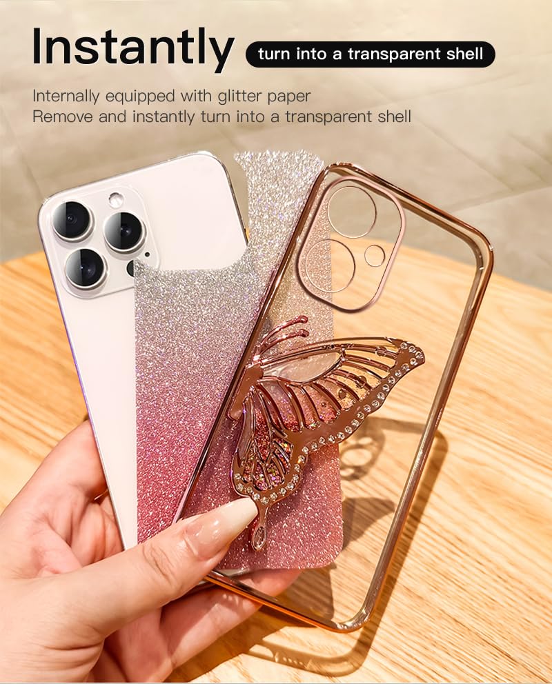 YUECXIN Glitter Case For Xiaomi Redmi 15 4G/5G, Bling Shiny Diamond Sparkle Design Women Girls Cover, Ultra Thin Shockproof Flowers Ring Stand Soft Transparent Case, Pink