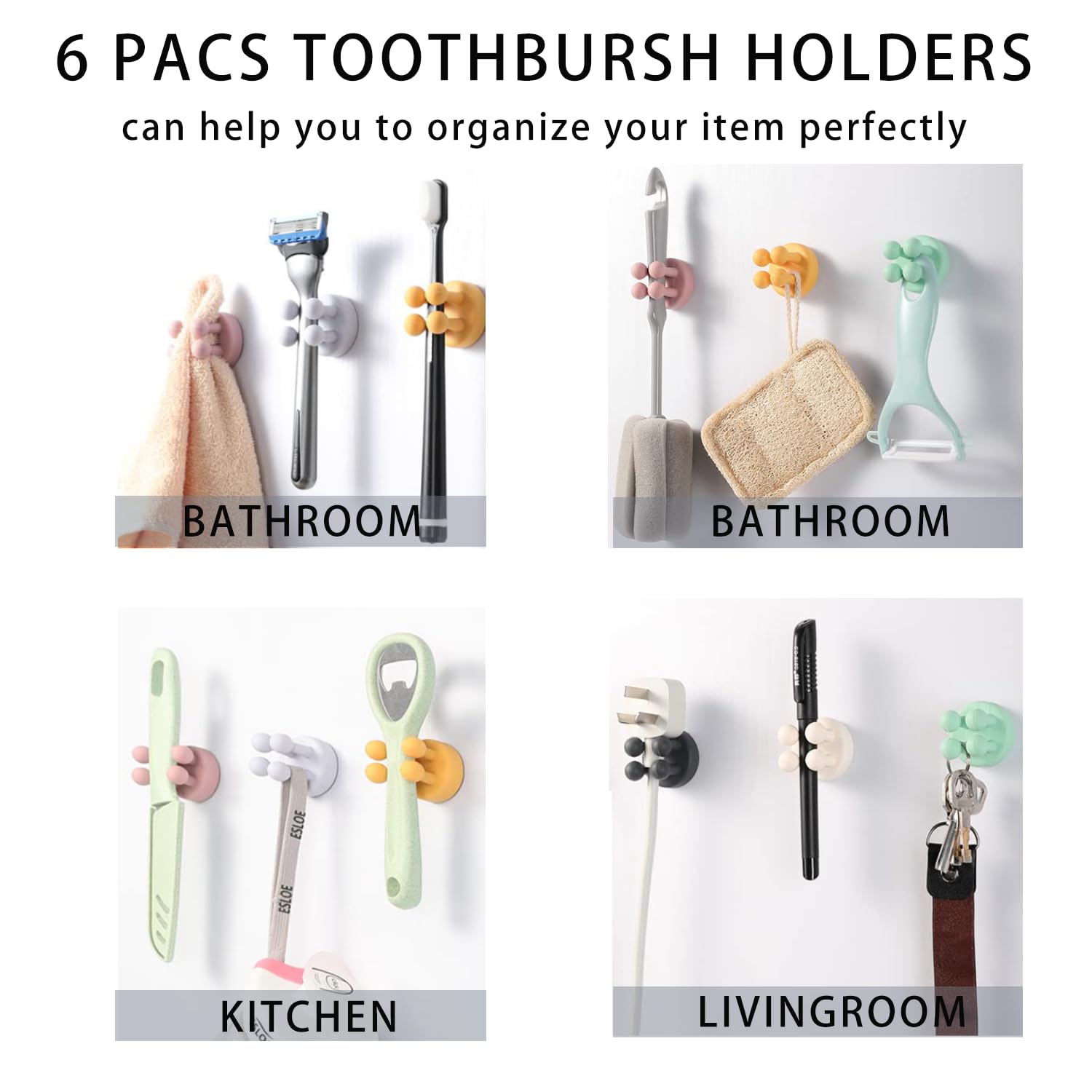 Senbos 6-Pack Silicone Toothbrush Holders - Self-Adhesive Wall Hooks For Bathroom, Kitchen, Office, Multi-Purpose Hanging Hooks - View #6