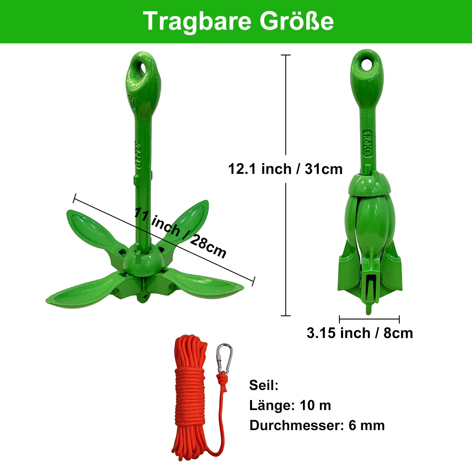 BeGrit Verzinkt Anker Gusseisen Faltanker 1,5KG Ankerset Blau mit Ø 6mm 10 Meter Ankerleine Für Boot SUP Paddle