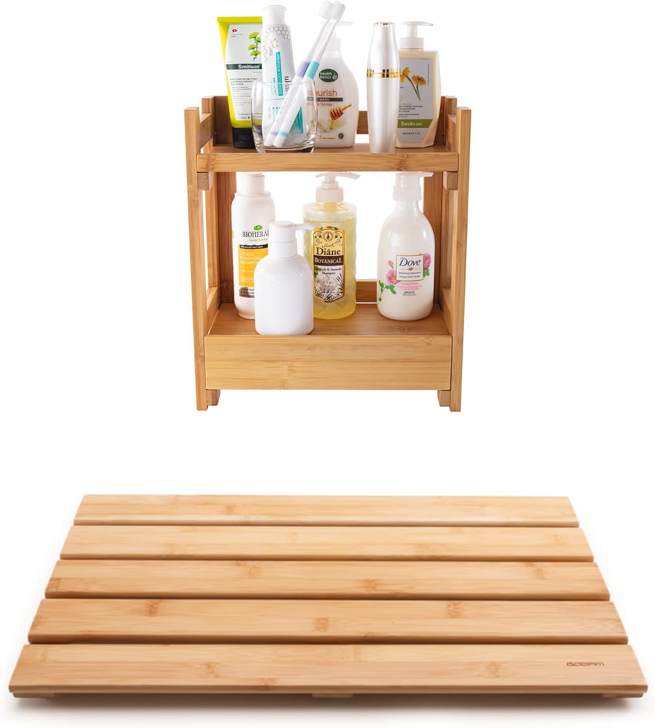 GOBAM Bamboo Bath Mat and Shower Caddy Set Sustainable and