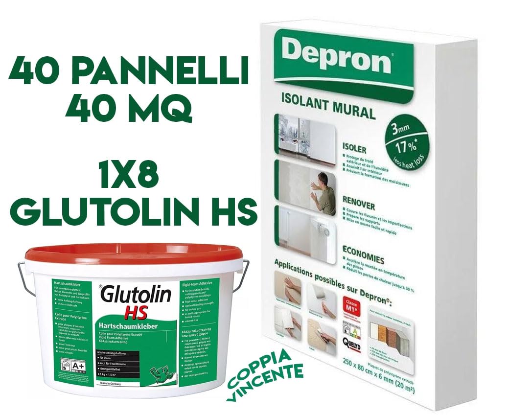 DEPRON Pannelli Isolanti 3 mm (125×80 cm) – Confezione 40 m² + Colla Glutolin 8 kg | Isolamento Termico e Acustico per Pareti e Soffitti | 1 paio di guanti in nitrile HYTAMA TOOLS