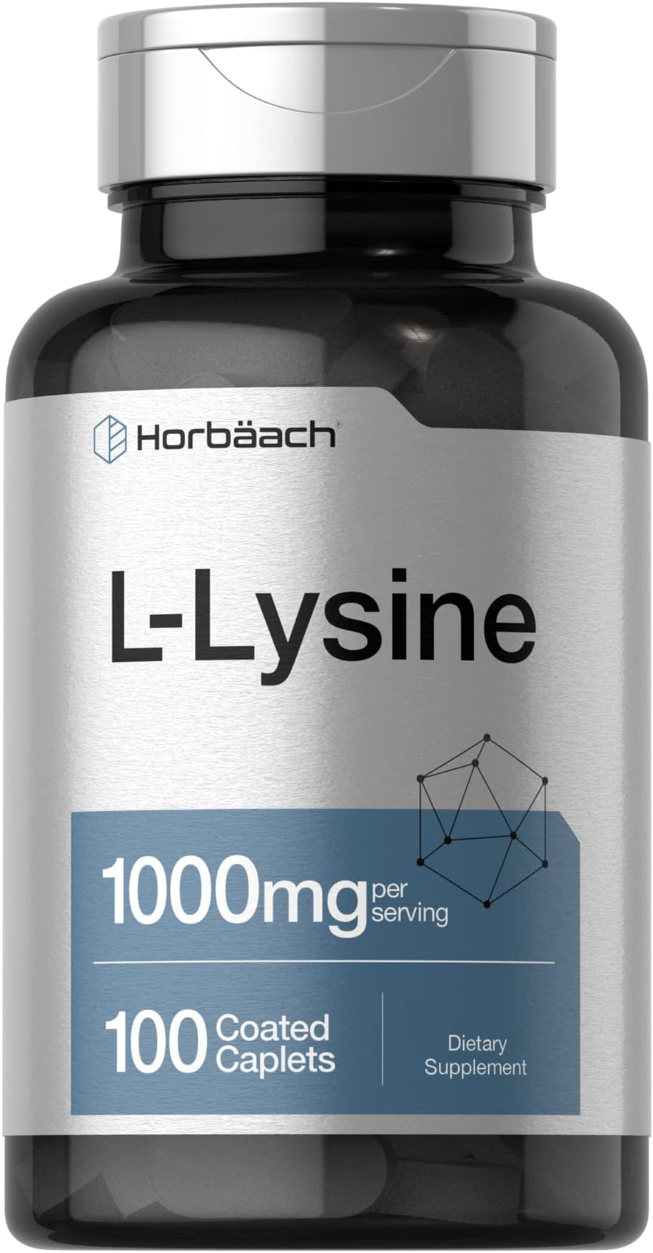 Horbäach L-Lysine 1000mg | 100 Coated Caplets | Free Form Dietary Supplement | Essential Amino Acid | Vegetarian, Non-GMO, and Gluten Free Formula