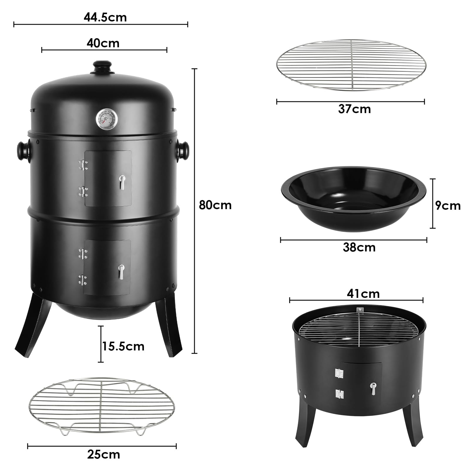 TLGREEN Ahumador 3 en 1, Smoker Barbacoa, Barril de Ahumado, Ø44,5 x 80 cm, Incluye Salida de Aire Regulable y Termómetro, Cuenco de Agua, 2 Rejillas de Barbacoa, para Ahumar, Asar y Cocinar
