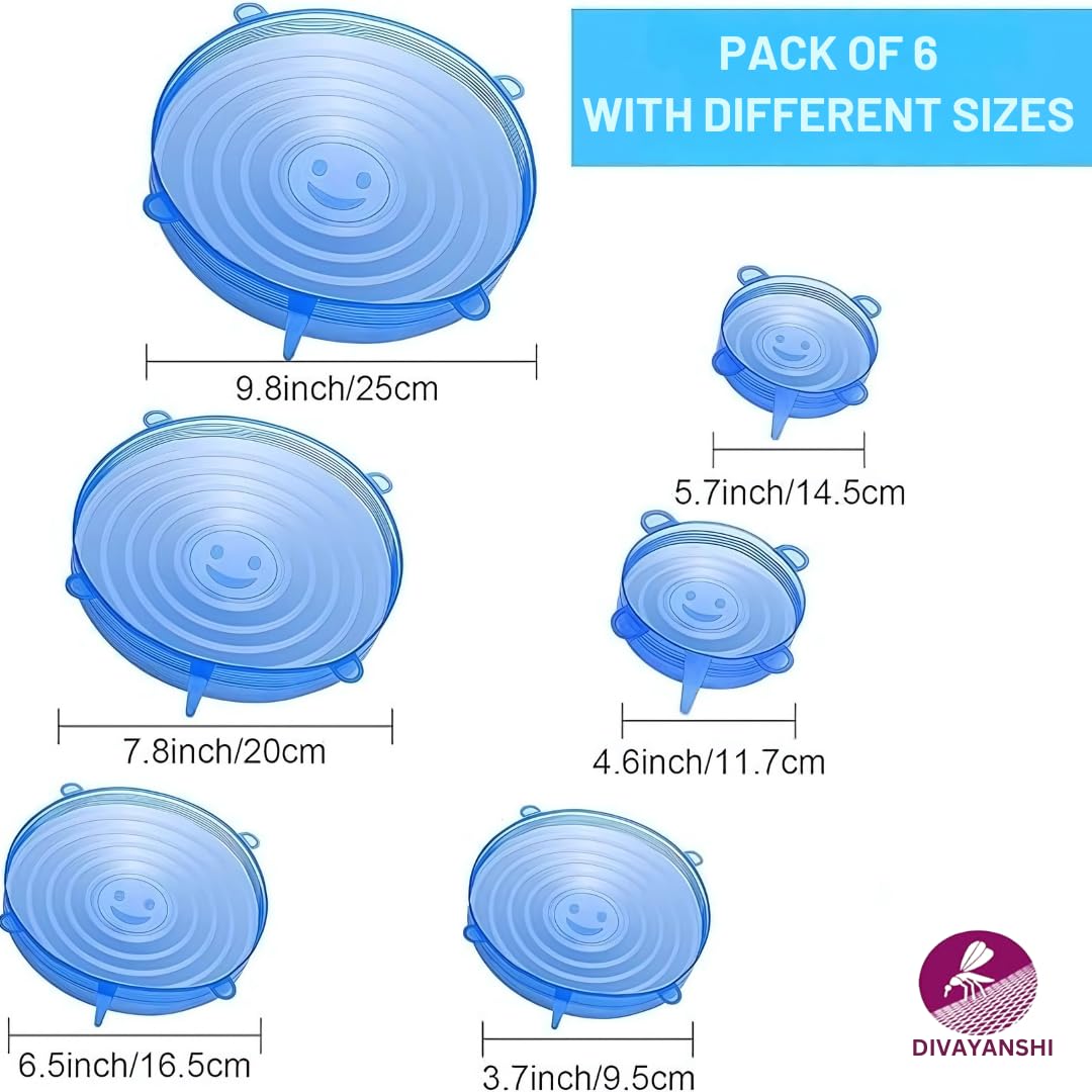 Divayanshi Silicone Stretch Lids for Food Storage | Reusable & Airtight Curved Dish   Covers | for outdoor picnic | BPA-Free, Leak-Proof, Microwave & Freezer Safe – Pack of 6 Flexible Silicone Lids - Image 7 thumbnail