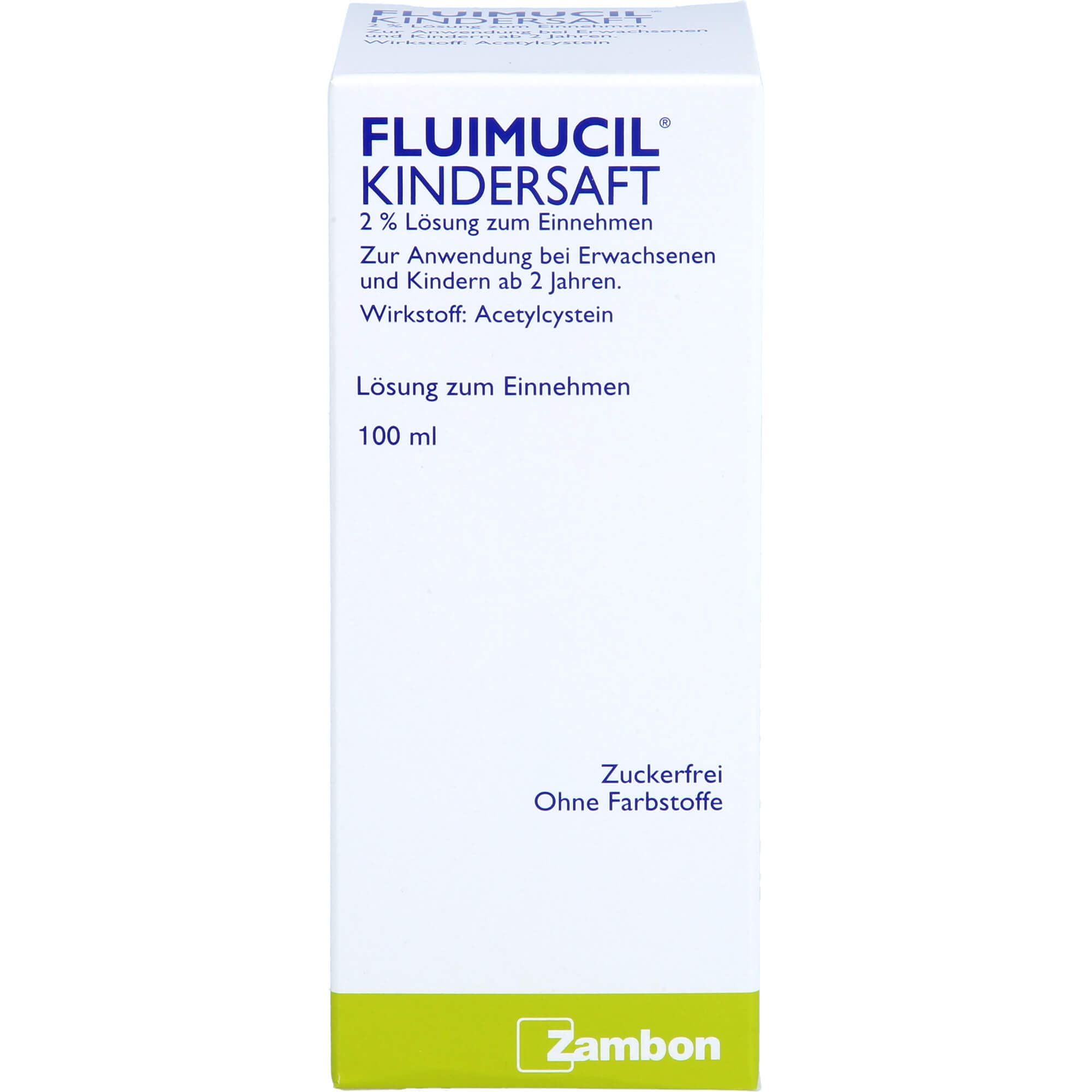 Fluimucil Kindersaft 100 ml – Produktkombination mit Ingwerkaubonbons, Originalverpackung und Brausetablet