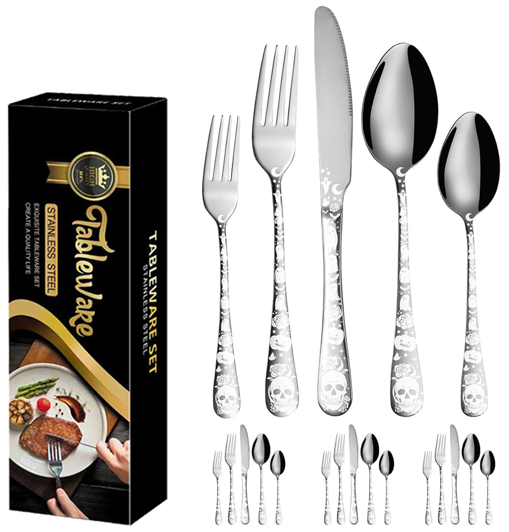XIAOYU 20-Piece Bizarre Flatware Set, Gothic Skull Silverware Set For 4, Skeleton Flower Unique - View #6