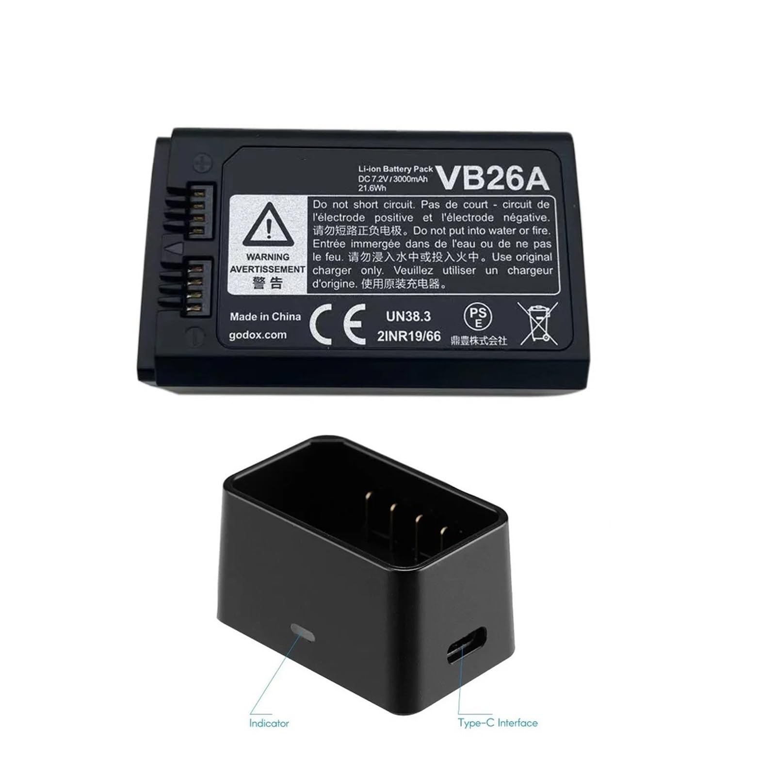 Batería De Litio, Compatible con Godox VC26 VB26 VB26A DC, Cargador De Batería De Iones De Litio De Repuesto USB De 3000 MAh Y 21,6 WH, Compatible con Flash Speedlite Godox V860III V1 V850III(Battery