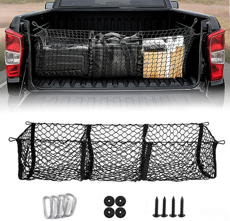 3 Pocket Pickup Truck Bed Cargo Net for Toyota Tundra Limited 2000-2025, Mesh Truck Bed Organizer, Mesh Storage Net Grocery Pocket with Hooks and Screws,B 150 * 50CM