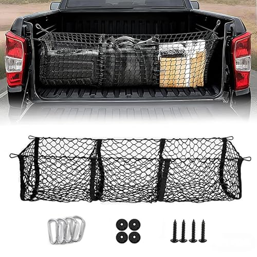 3 Pocket Truck Bed Cargo Net for Nissan Frontier PRO-4X (Off-Road Version), Universal Pickup Mesh Organizer, Trunk Storage Net with Metal Hooks for Car, SUV, Pickup Truck, B 150 * 30cm