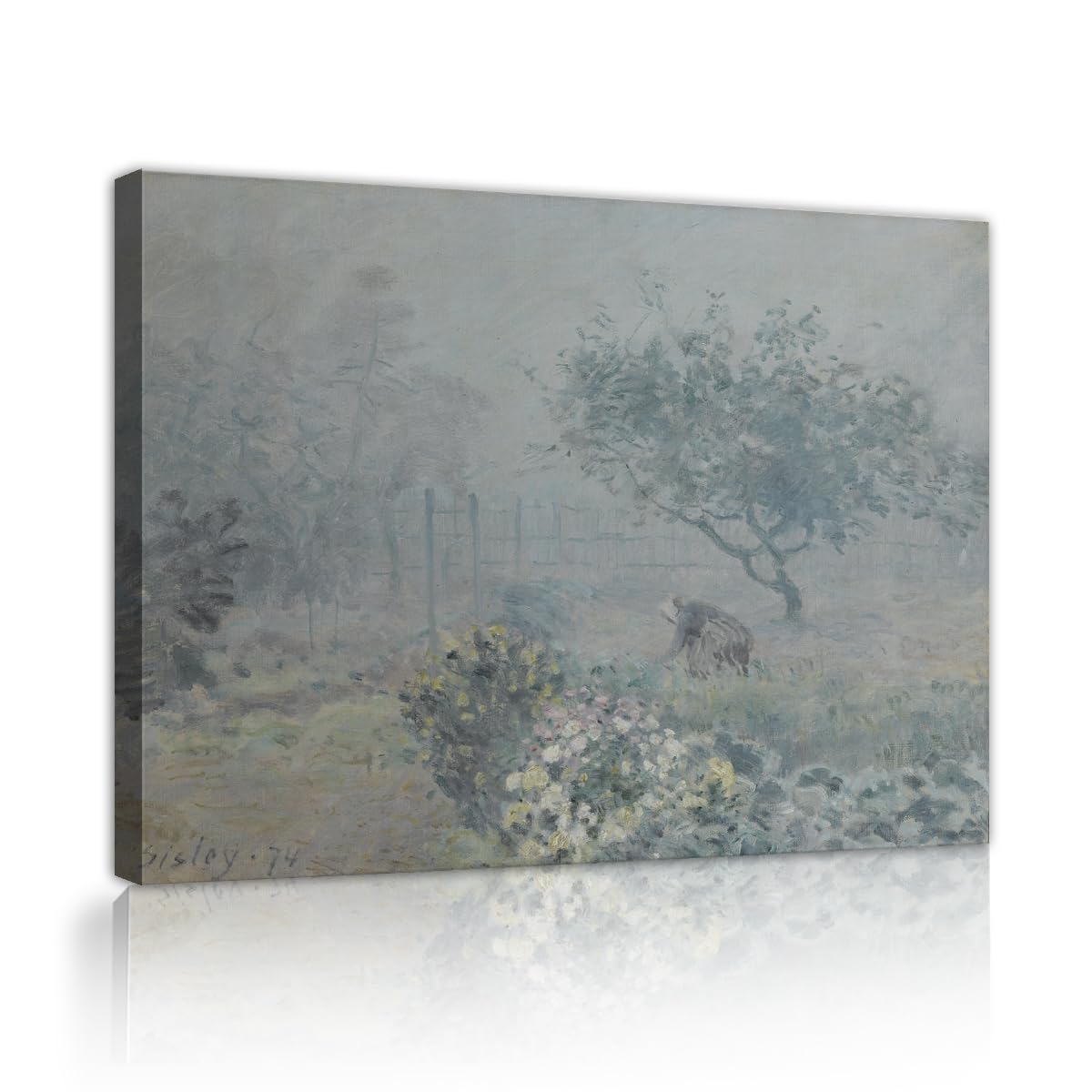 TOANGWALL Alfred Sisley Fog Voisins Replica Framed Canvas Wall Art Living Room Impressionist Misty Garden Woman Picking Flowers Picture Prints for Bedroom Office Decor 80x95cm