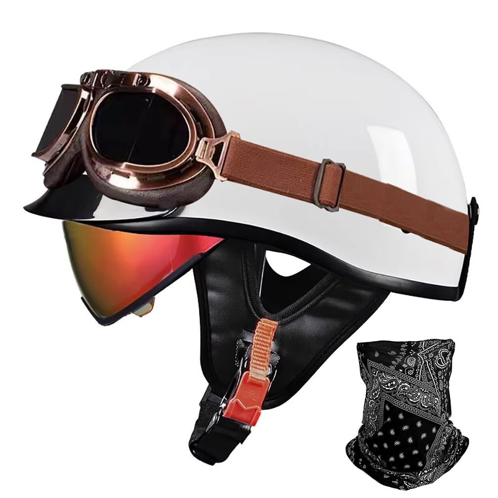 URYWTXY Retro Motorcycle Half Helmet with mask, Vintage German Open Face Motorbike Helmet with Adjustable Quick Release Buckle for ATV Chopper Cruiser Street Scooter, ECE Approved