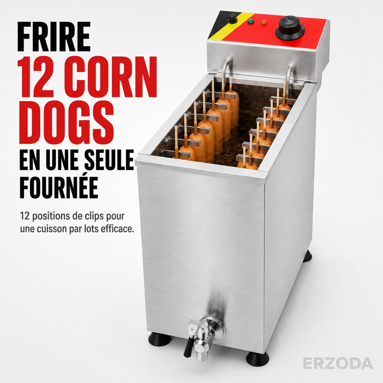 ERZODA Friteuse Commerciale pour Corn Dog NP-392, 25L, 12 Positions de Clips, Acier Inoxydable, Valve de Vidange, pour Hot-Dog Coréen, Cheese Dog, Food Truck et Snack