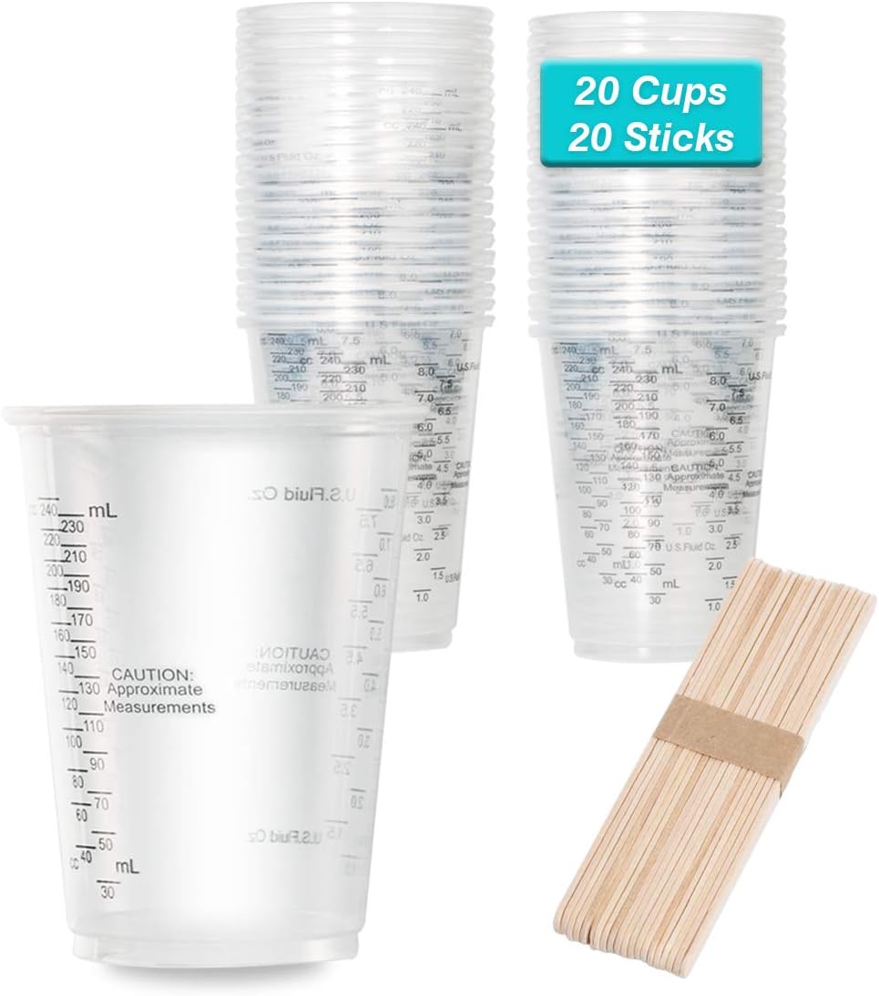 8oz Graduated Clear Plastic Measuring Cups with Wooden Stirring Sticks for Mixing Paint, Pigments, Epoxy Resins, Resins (20)