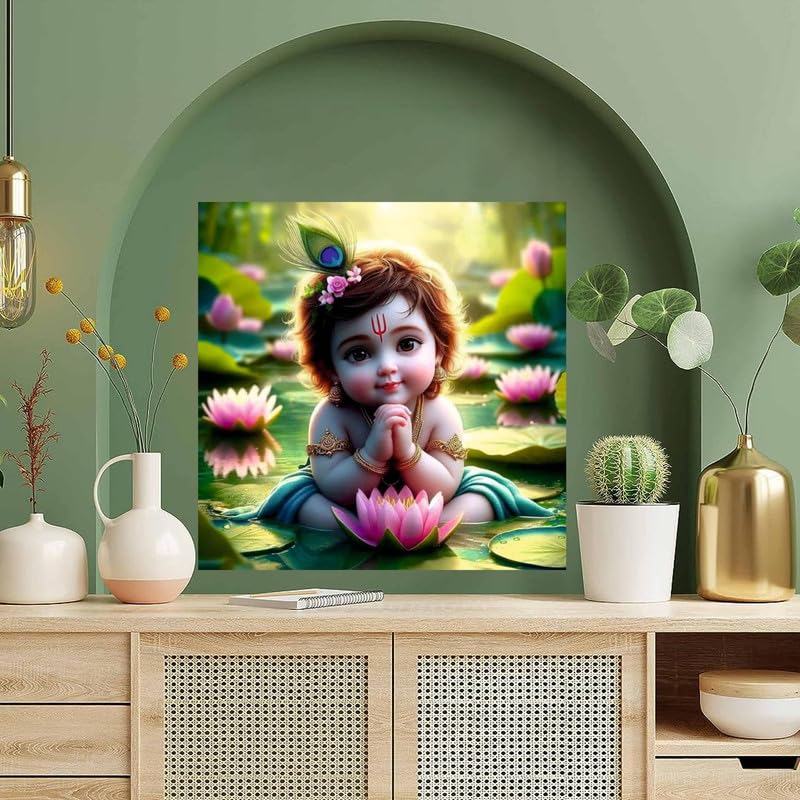 Image of British Terminal Cute little Bal Gopal Baby God Krishna| Kanha Ji | Laddu Lord Makhan Chor Painting Religious Poster for Pregnant Women for wall (matt thin vinyl,sticker,multicolor,unframed)| bj420