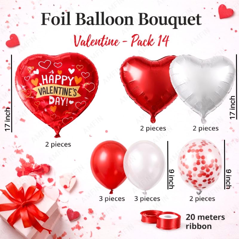 Image of AMFIN (Pack of 14) Happy Valentine's Day Balloon Decoration Set | Romantic Heart Foil Bouquet Metallic Helium Bunch Proposal Anniversary Celebration Party Decor - Red