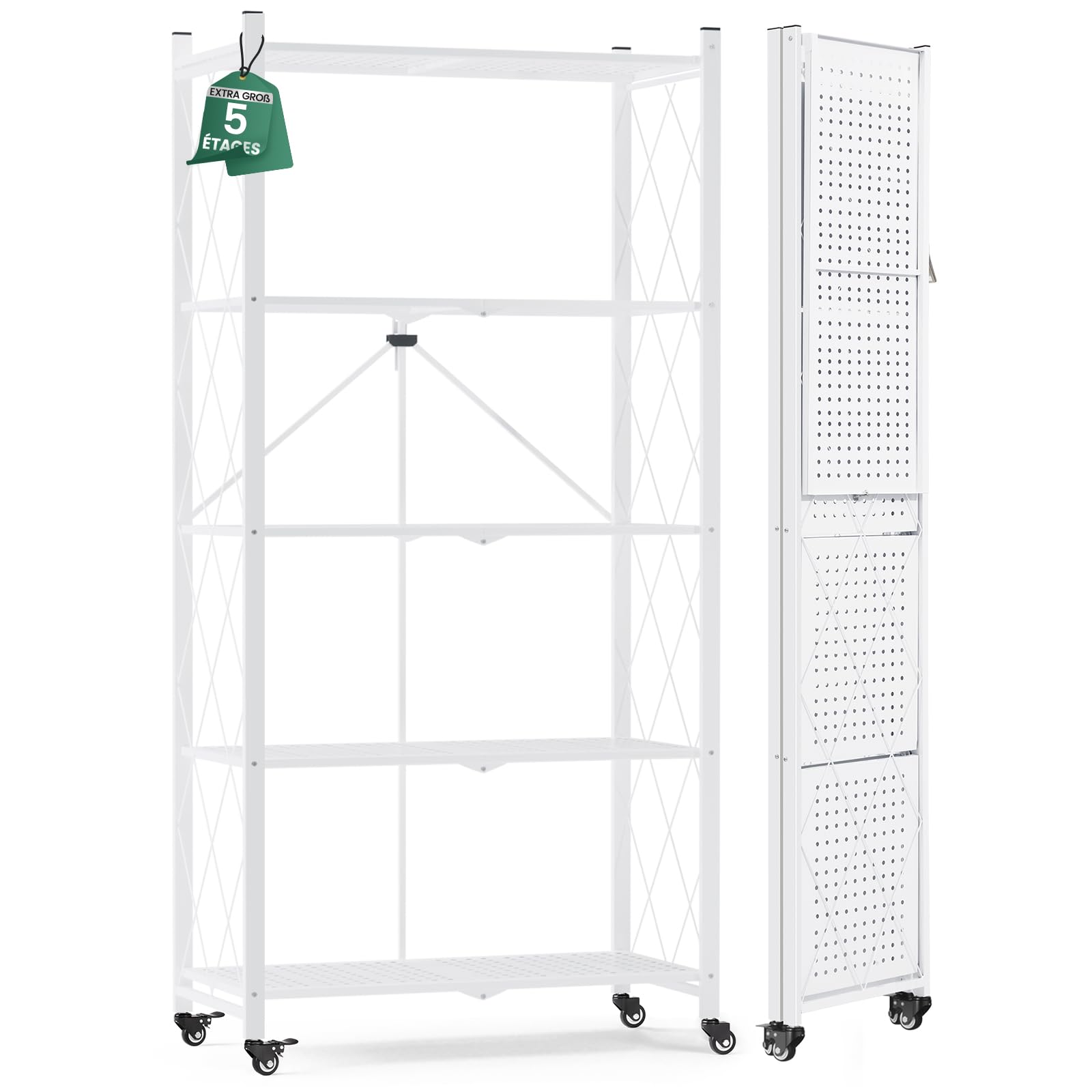 ALANNG Klappregal mit Rädern - Standregal, Bücherregal aus Metall - Montagefrei & Stabil - Für Küche, Wohnzimmer, Keller, Büro