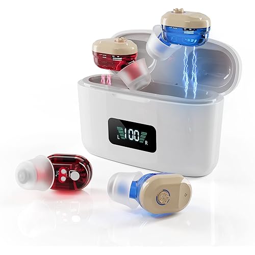 Hionec Rechargeable Hearing Aids for Seniors & Adults - Manual Volume Control | 120 Hrs. Bat. | LED Display Hearing Amplifiers for Mild to Moderate Hearing Loss | Personal Sound Amplification Devices