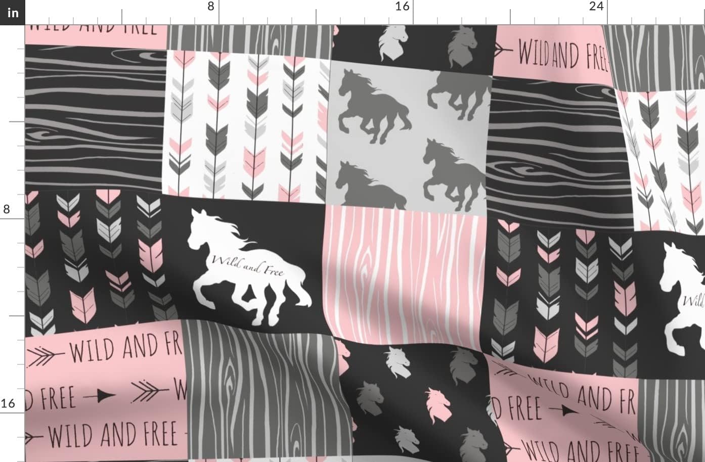 Spoonflower Fabric - Horse Patchwork Pink Black Wild Free Horses Western Cowgirl Printed on Organic Cotton Sateen Fabric by The Yard - Sewing Quilting Apparel Home Decor