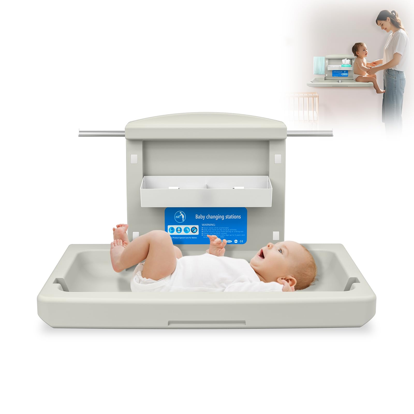 Wickelkommode Wandmontierter HDPE, Baby Mobiler Wickeltisch klappbar mit Sicherheitsgurt, Ablagefächer, Haken, 85x57x47 cm für Zuhause Einkaufszentrum, Gewichtskapazität 33 lbs/ 15kg