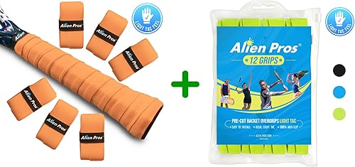 ALIEN PROS Paquete de 18 cintas de agarre para raqueta de tenis naranja neón y amarillo neón, agarre de tenis precortado y ligero