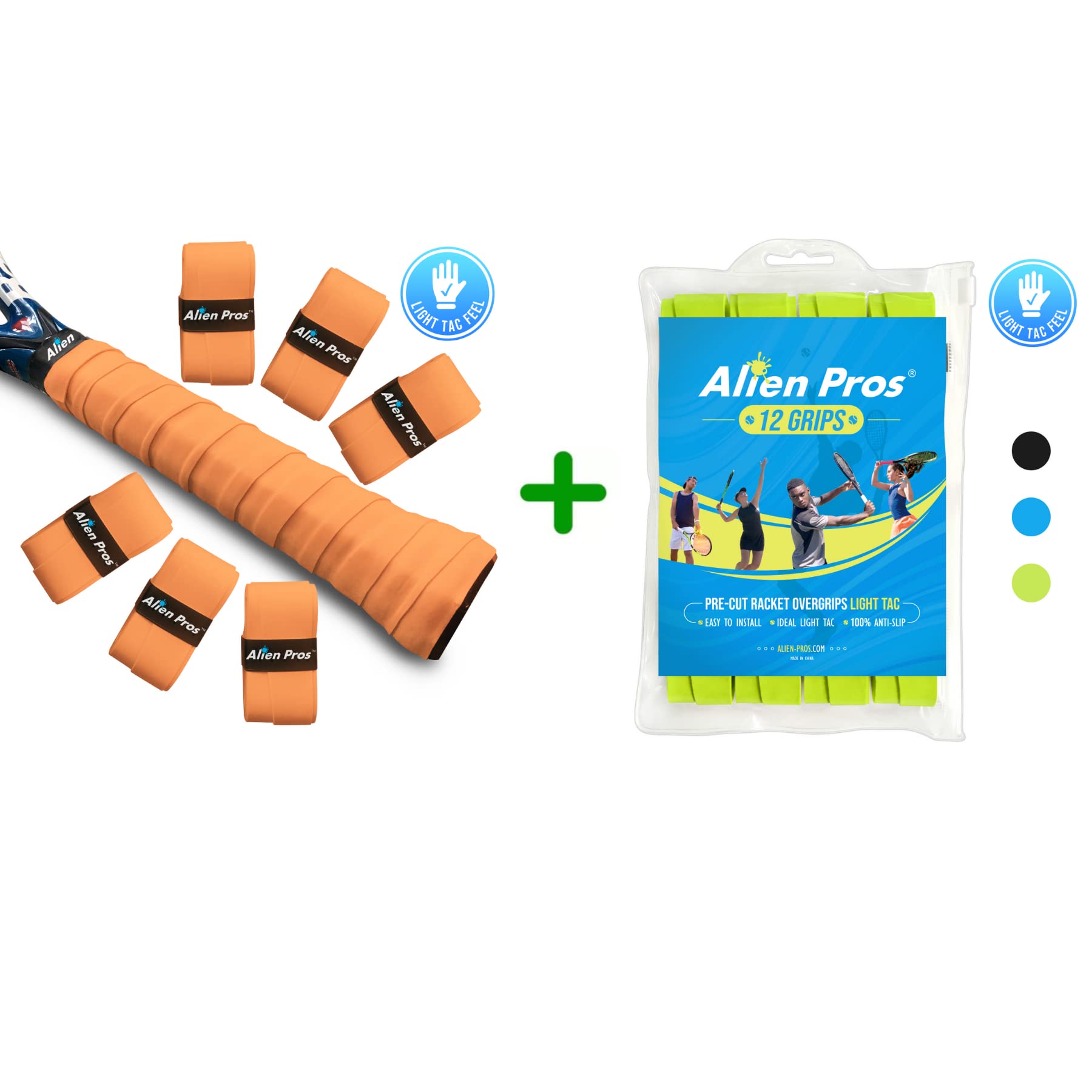 ALIEN PROS 18 Pack Neon Orange & Neon Yellow Tennis Racket Grip Tape – Precut and Light Tac Feel Tennis Grip