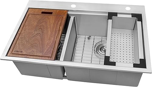 Ruvati RVH8036 - Fregadero de cocina con estación de trabajo de 33 x 22 pulgadas con doble cuenco de 4060 y esquinas redondeadas