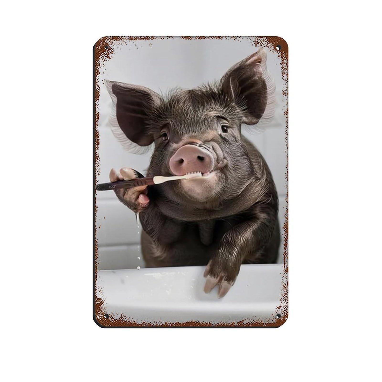 Pig Brushing Teeth, Hilarious Bathroom Art Tin Sign Vintage Metal Pub Club Cafe Bar Home Wall Art Decoration Poster Retro 8x12inch(20x30cm)