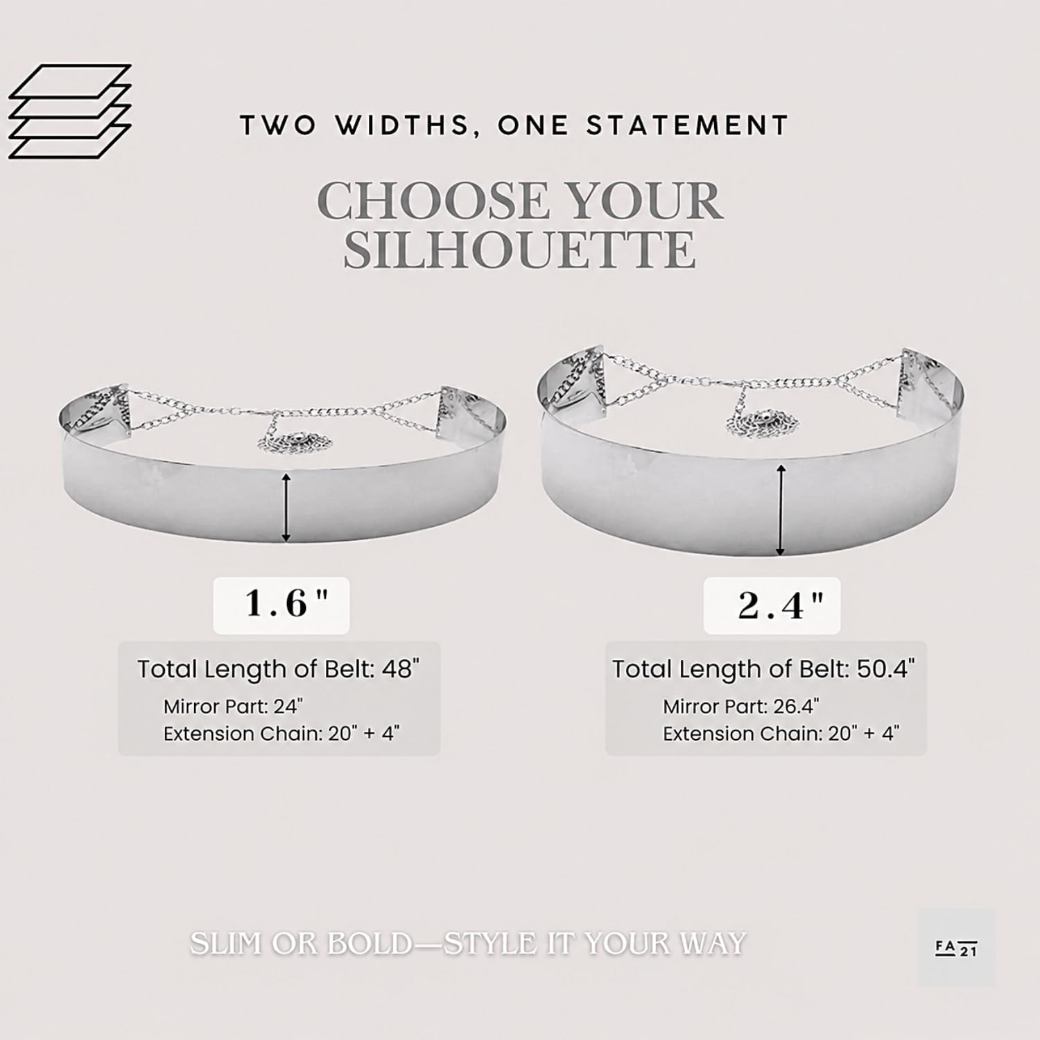 Fashion 21 Women's Shiny Polished Adjustable Metal Mirror Waist Belt Gold, Rose Gold, Silver Tone