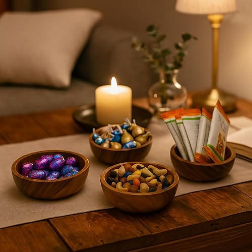 Miniatura 6 de Juego de 4 cuencos pequeños de calabacín de madera  10.8 cm de acacia para aperitivos, salsas y guarniciones, cuencos rústicos hechos a mano para