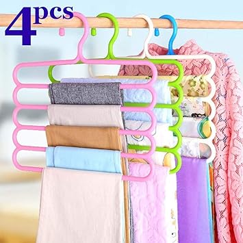 Daiwik 5 Layer Pants Clothes Hanger Wardrobe Storage Organizer Rack (Set of 4), 32l x 1b x 33h cm (Assorted Colour) with Free 360* Adjustable Hanger