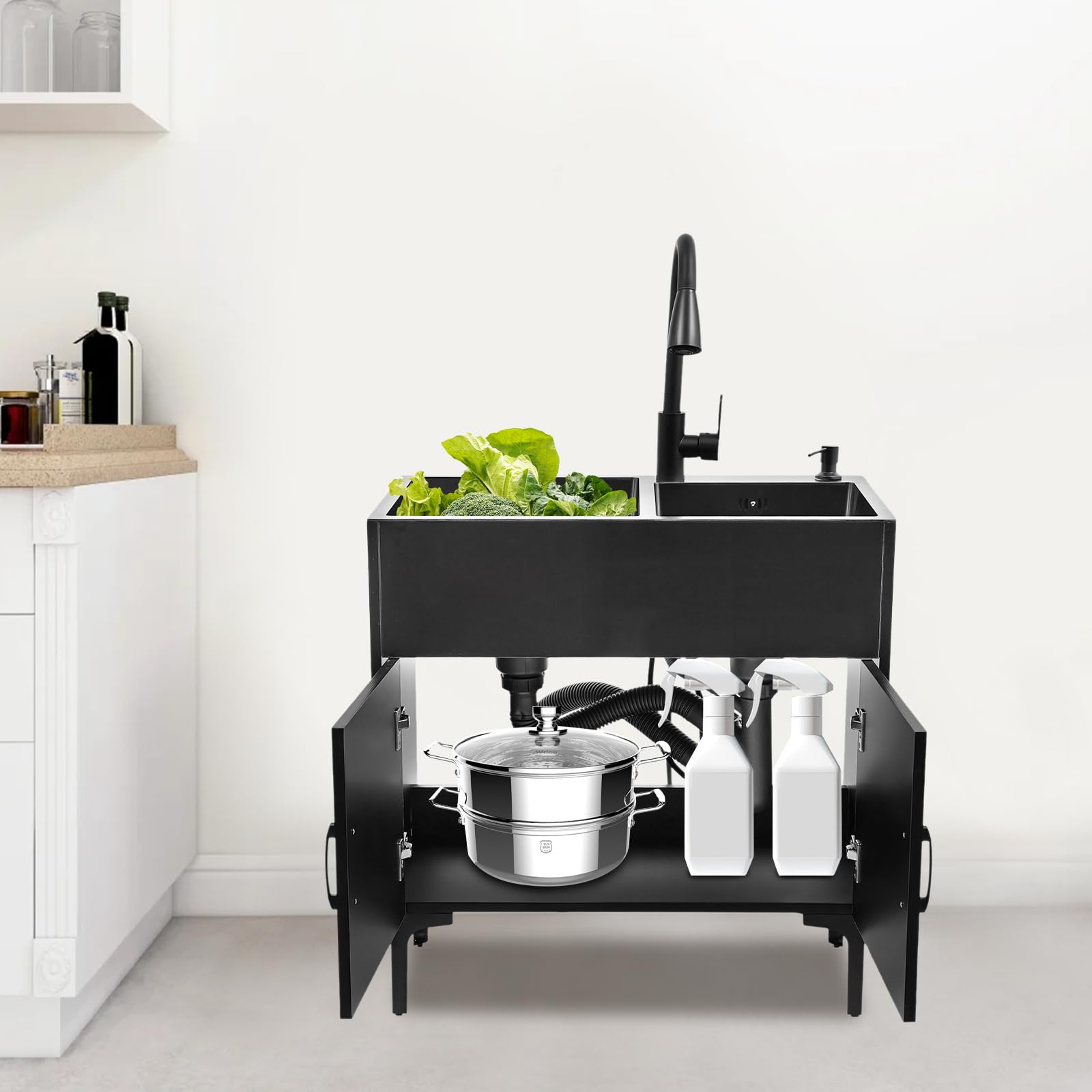 Freistehende Küchenspüle mit Unterschrank Doppelspüle: 75x41x78cm Edelstahl Spültisch mit Ausziehbaren Wasserhahn & Seifenspender | Inkl. Abtropfkorb | Für Küche, Restaurant, Café, Hotel, Waschküche