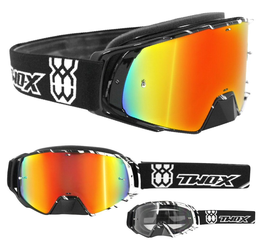 TWO -X, occhiali da motocross, serie Rocket, MX, schiacciati, con lenti specchiate all'iridio e dotati di protezione per il naso; per enduro: infrangibili
