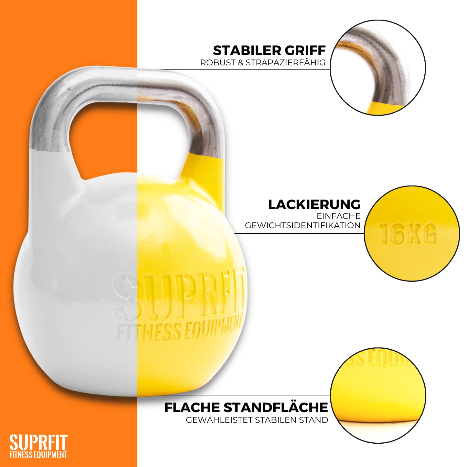 SUPRFIT – Pro Competition Kettlebells – genormte Wettkampf Kugelhantel aus massivem Stahleinzelguss für Kraft- & Crosstraining – mit Farbcodierung zur besseren Unterscheidung der Gewichte