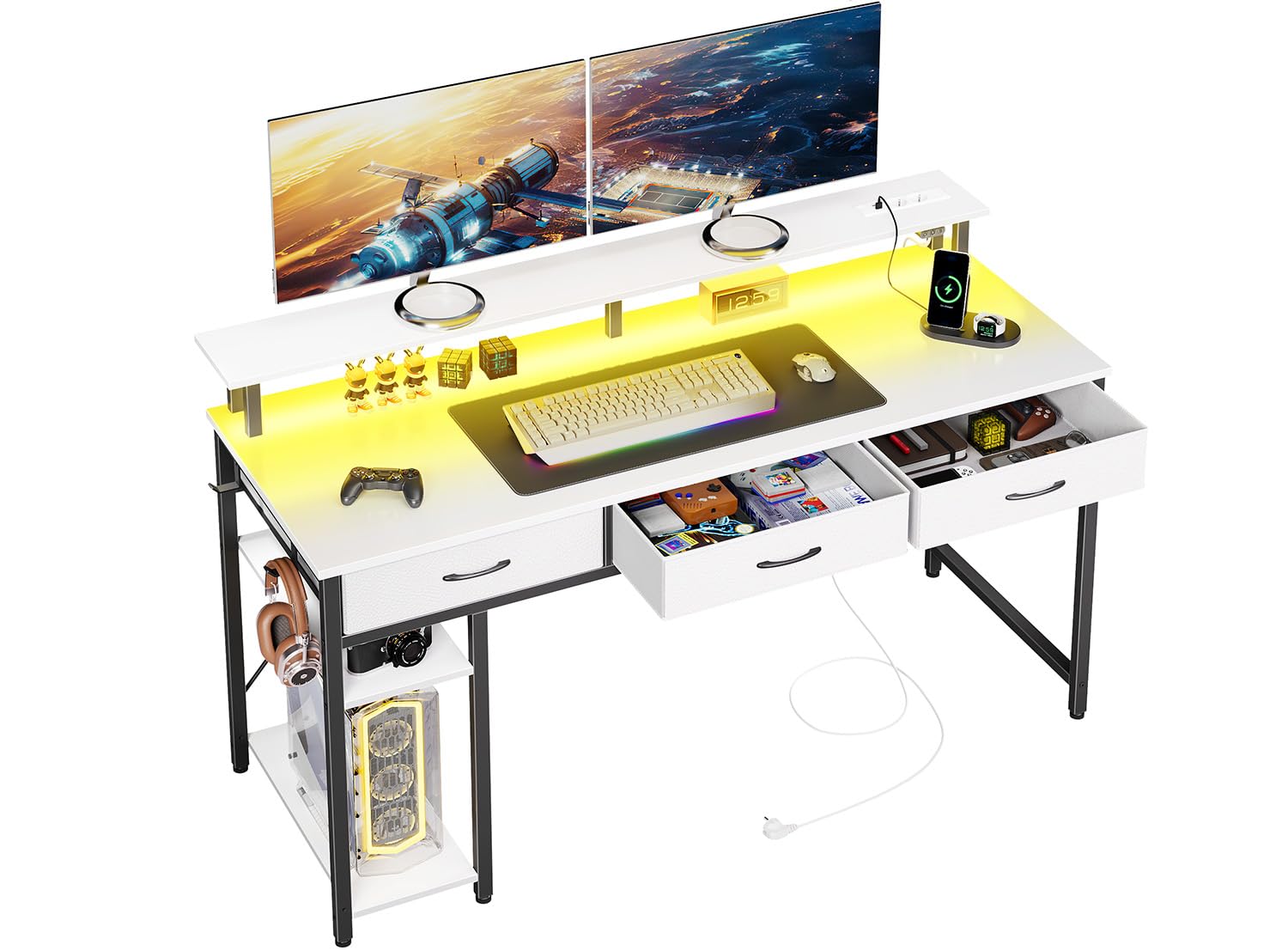 Seventable Schreibtisch mit Schubladen, Computertisch mit Steckdosen & LED, Gaming Tisch mit Monitorständer, Regal & 2 Haken, Gaming Schreibtisch für Büro, Wohnzimmer (Weiß, 100 cm)