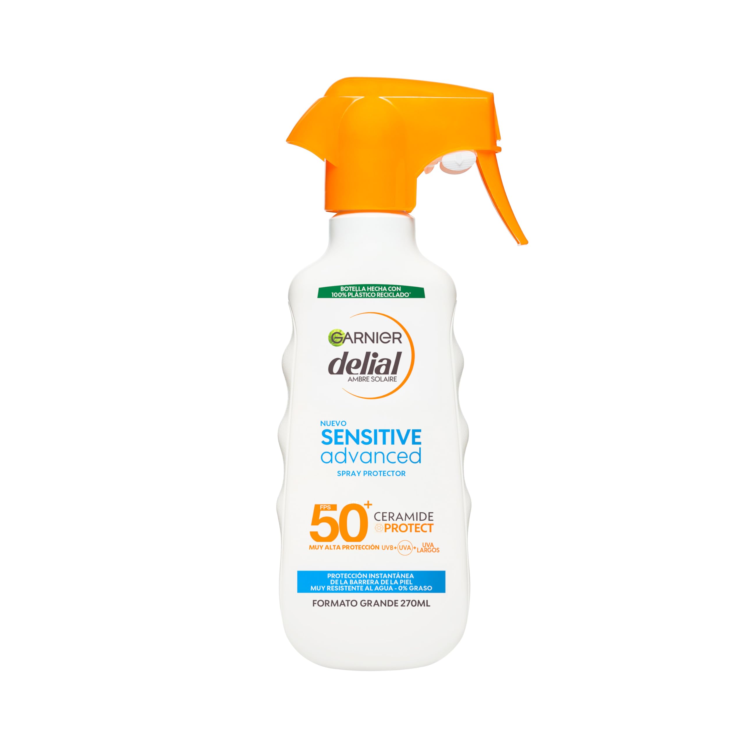 Garnier, Delial Sensitive Advanced Spray Protector FPS50+, Crema Solar Para Pieles Claras, Sensibles e Intolerantes al Sol, muy Resistente al Agua, 0% Graso, 0% Pegajoso, Formato Grande, 270ml