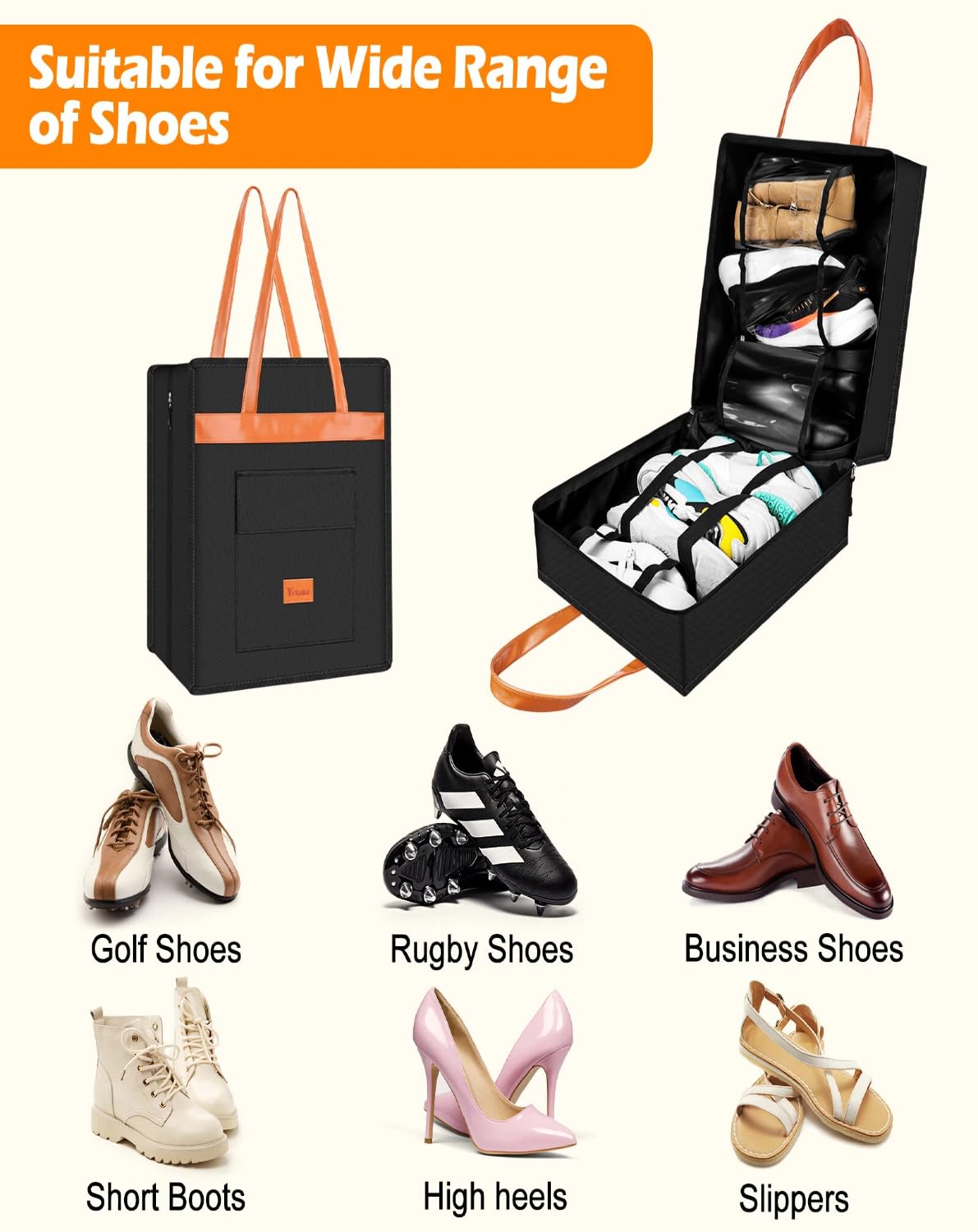 Yotako Borsa per scarpe da viaggio con manico in pelle, organizer portatile per scarpe con tasche, borsa 3 in 1 da appendere, borsa per scarpe da viaggio per donne e uomini, adatta per 6 scarpe, nero