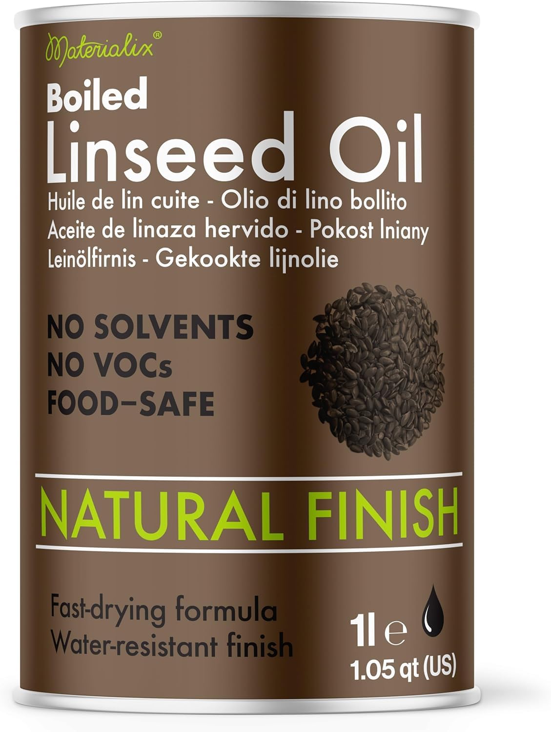 Materialix Leinölfirnis 1L - Lebensmittelecht-zertifiziert Holzöl für Innen und Außen, Farbloses Möbelöl & Holzpflegeöl aus 100% Leinöl - Natürlicher Holzschutz für Möbel, Böden & Tische