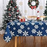 CAROMIO Mantel de Navidad azul manteles lavables impermeables de poliéster con copos de nieve, mantel de Navidad para decoración de mesa festiva, 137 x 137 cm, cuadrado