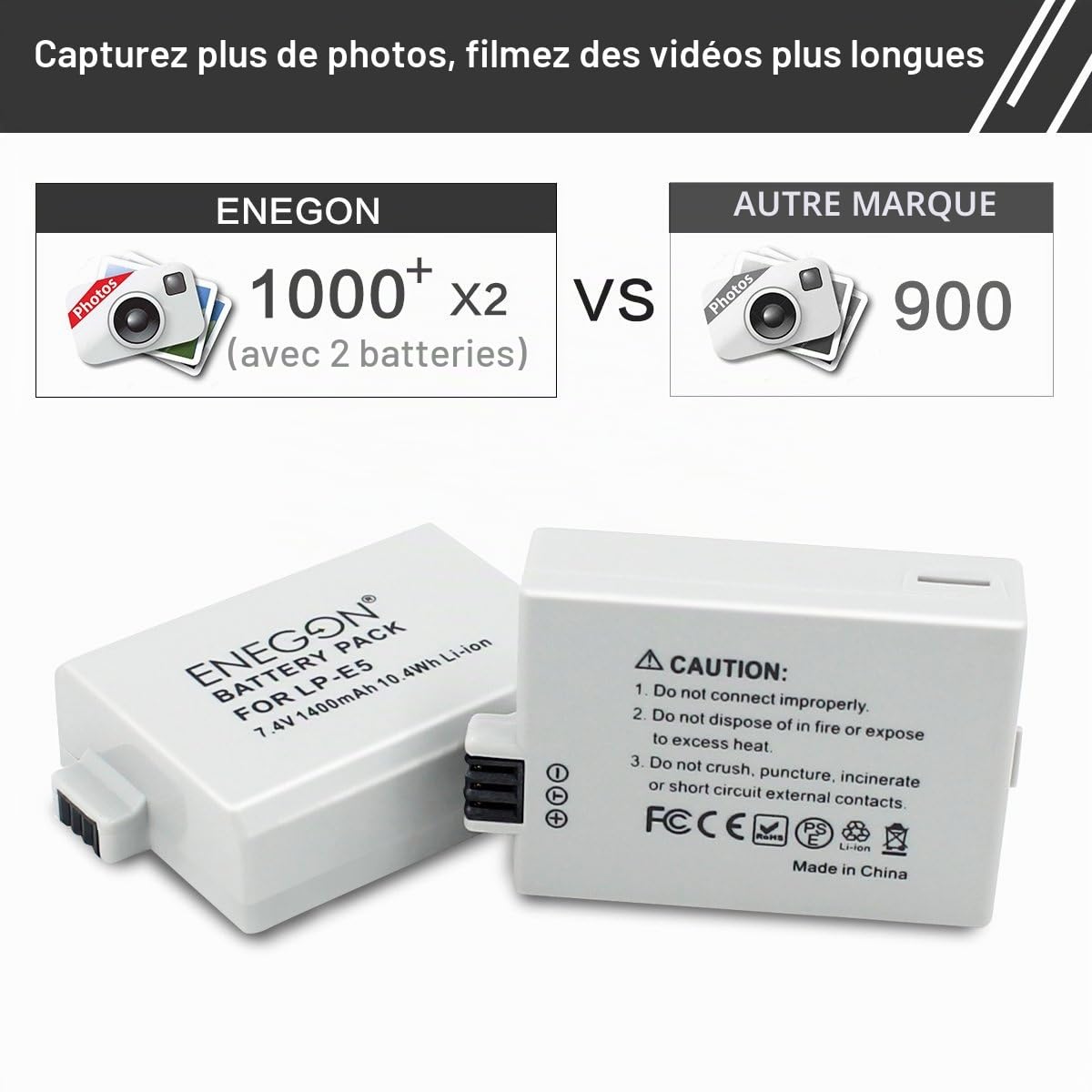 ENEGON 2xCanon LP-E5 Batterie de Remplacement et Chargeur Double Rapide pour Canon LP-E5 et Canon EOS Rebel XS, Rebel T1i, Rebel XSi, 1000D, 500D, 450D, Kiss X3, Kiss X2, Kiss F