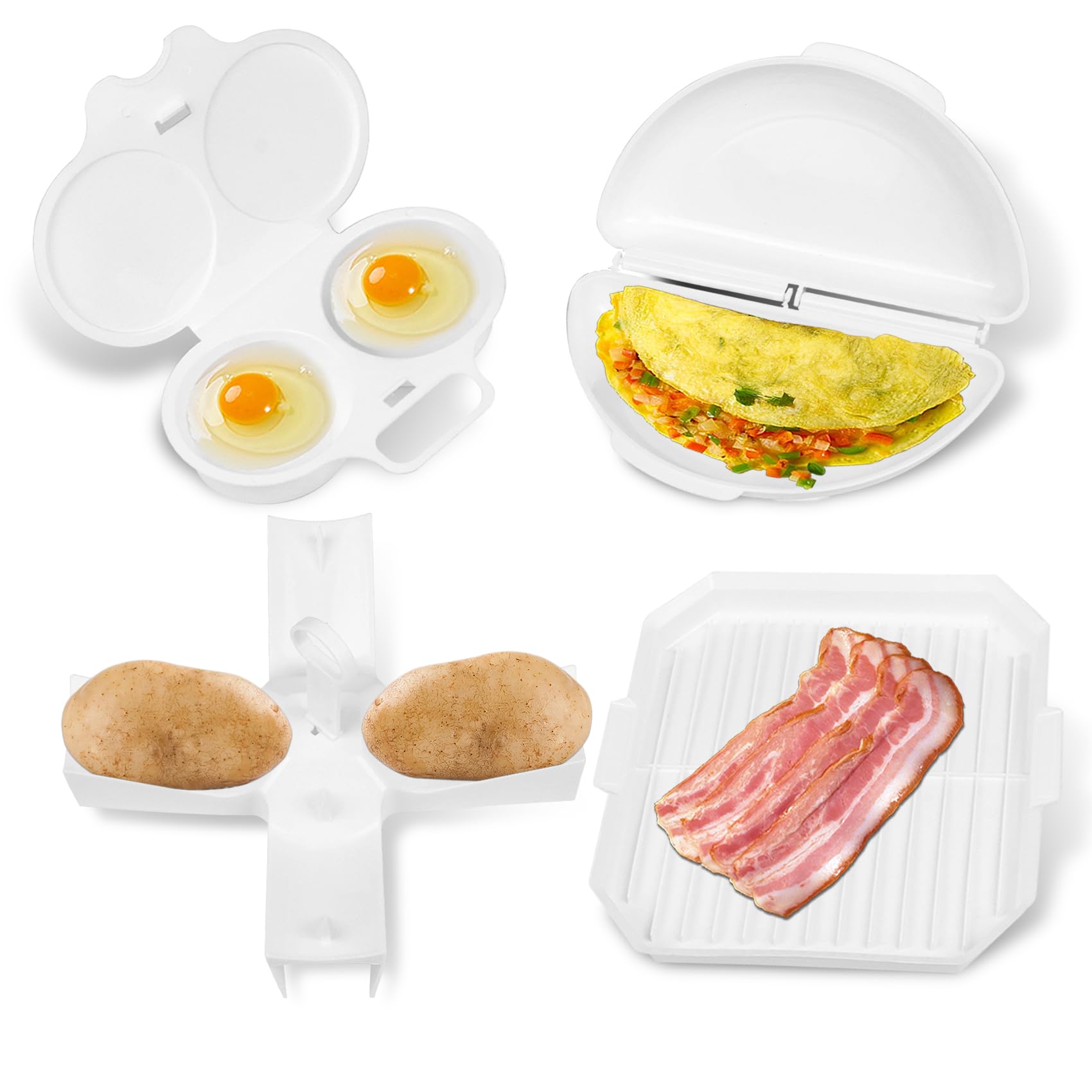 Photo 1 of (4pcs) Easy Breakfast Set, Microwave Egg Cooker/Poacher, Microwave Omelet Maker, Microwave Bacon Tray/Cooker, Baked Potato Cooker, Easy To Use and Non-Stick Egg Cookwarez