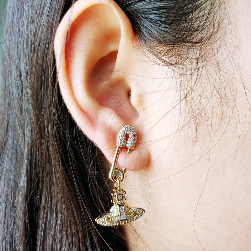 Colorful Saturn Earrings for Women - Punk Two-sided Pin Clip Zircon Saturn Earrings Ear Studs(Gold)