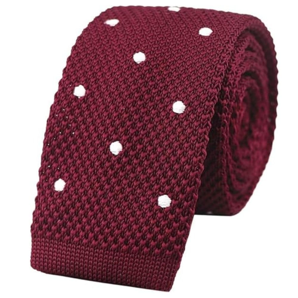 Men’s Knitted Tie – Burgundy Red with White Polka Dots | Slim Handmade Woven Necktie | Classic Casual & Formal Style for Business, Weddings, Parties-image-16