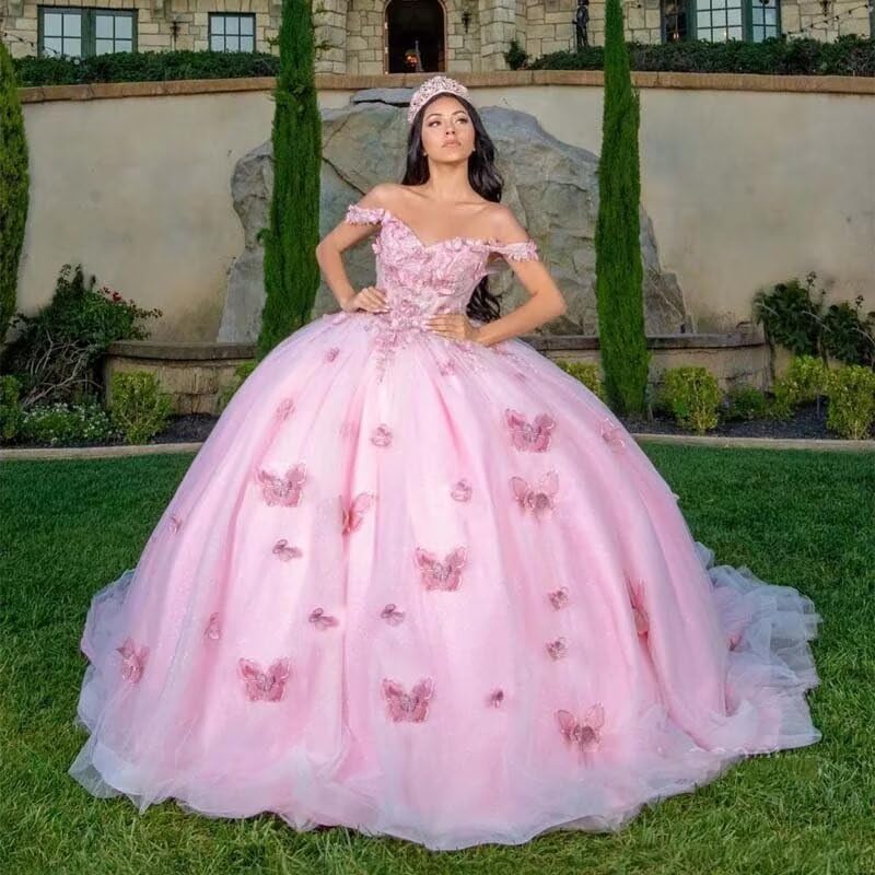 ZVOCY 3D Butterfly Quinceanera Dresses with Train Off Shoulder Ball Gown Beaded Sweet 15 16 Prom Princess Dresses3