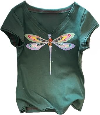 Whimsy Twee Animal Print Tops for Women Funky Dragonfly Pattern T Shirt 2000s Clothing Gyaru Y2k Emo Grunge Tops